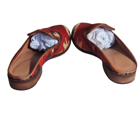 Vintage Red Brown Turkish Wool Rug Mules Slip Ons Stacked Wood Block Heels - Picture 8 of 16